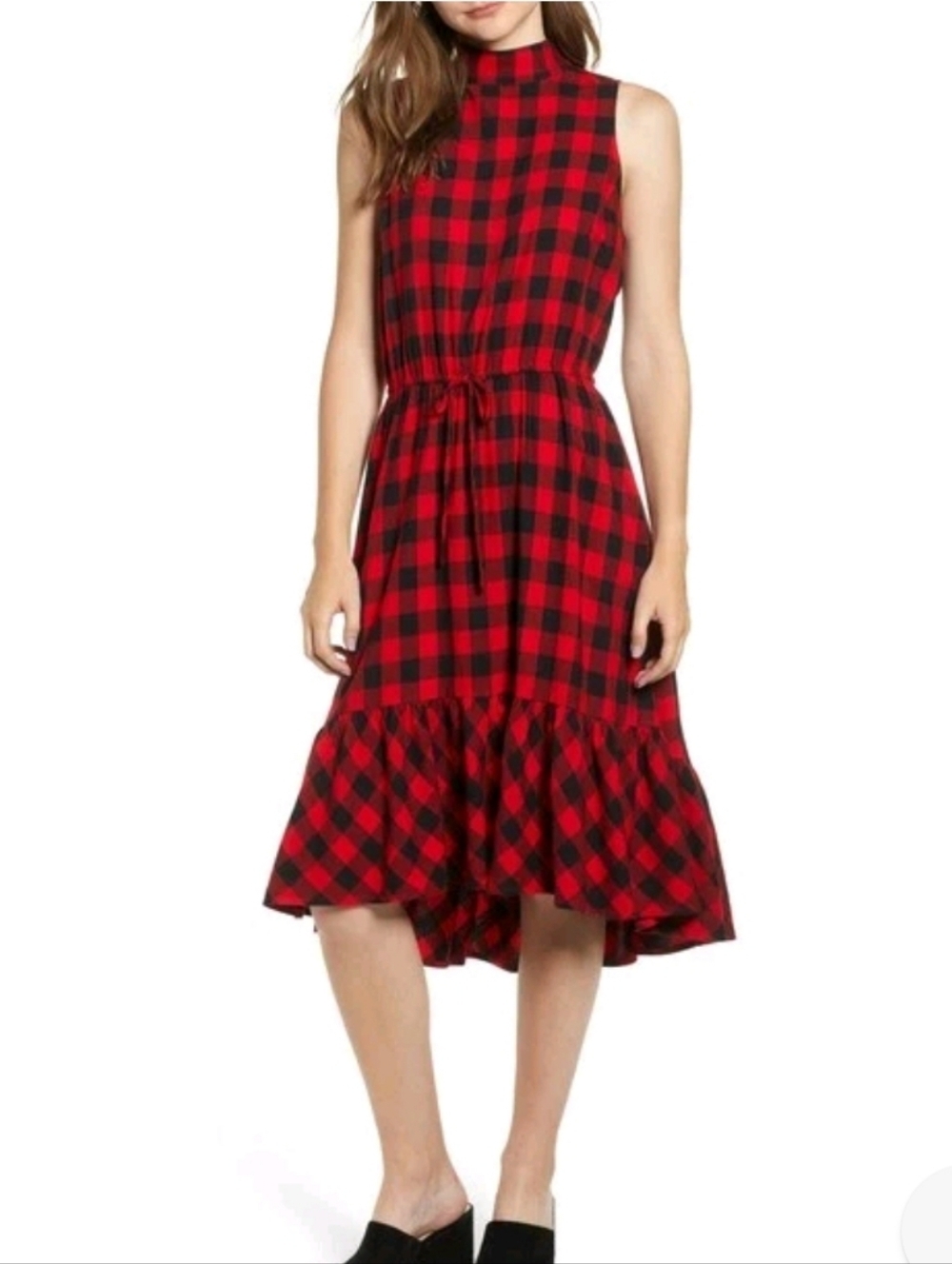 bp Red and Black Buffalo Check Ruffle Midi Skirt